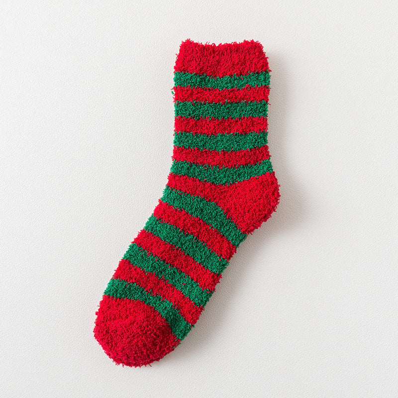Elk Santa Snowman Snowflake Tree Striped Belt Print Christmas Socks Fall Winter Ladies Thick Coral Velvet Socks 2 Pairs