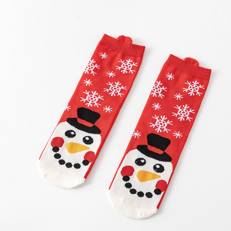 HO HO HO Christmas Striped Elk Tree Gift Santa Claus Snowman Cute Ears Cotton Tube Socks 5Pairs