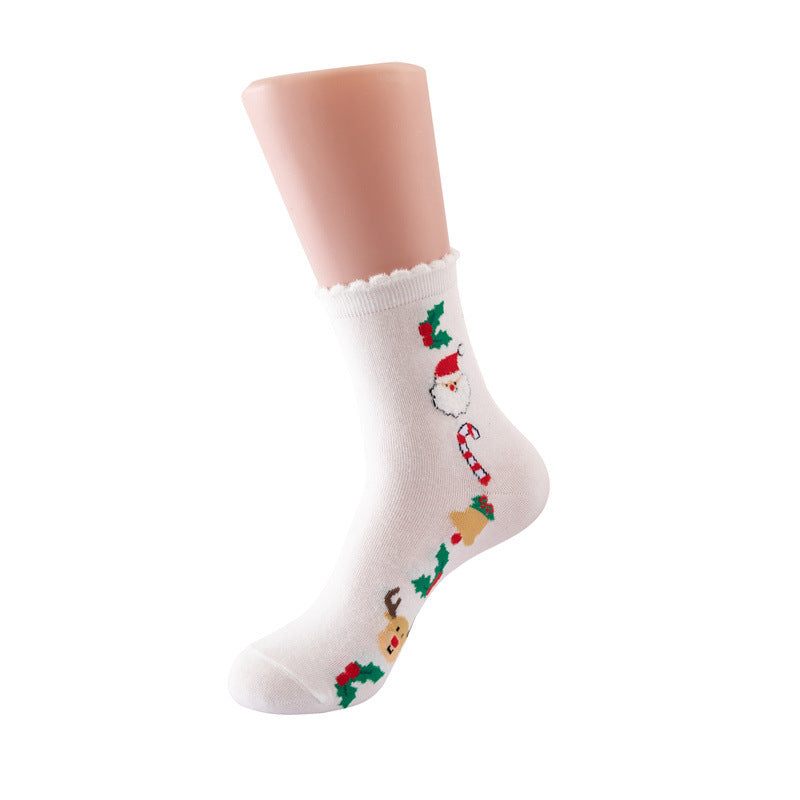 Women Christmas Socks Cartoon Santa Claus Cotton Socks 5 Pairs