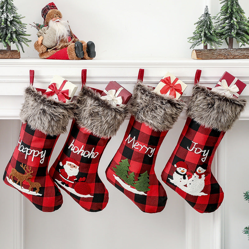 Christmas Decorations Letter Pattern Embroidered Red and Black Plaid Christmas Socks Gift Bag
