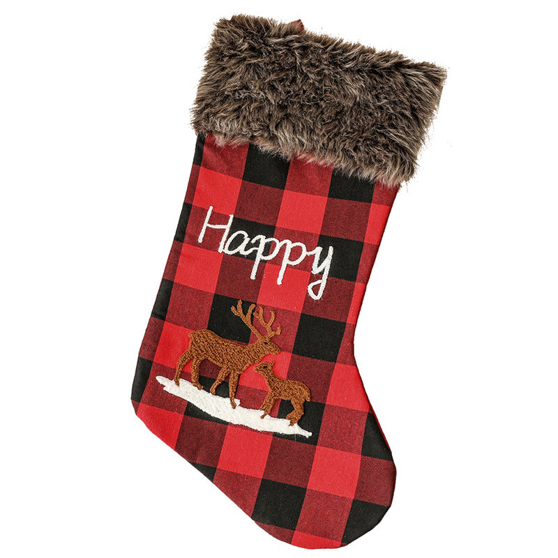 Christmas Decorations Letter Pattern Embroidered Red and Black Plaid Christmas Socks Gift Bag