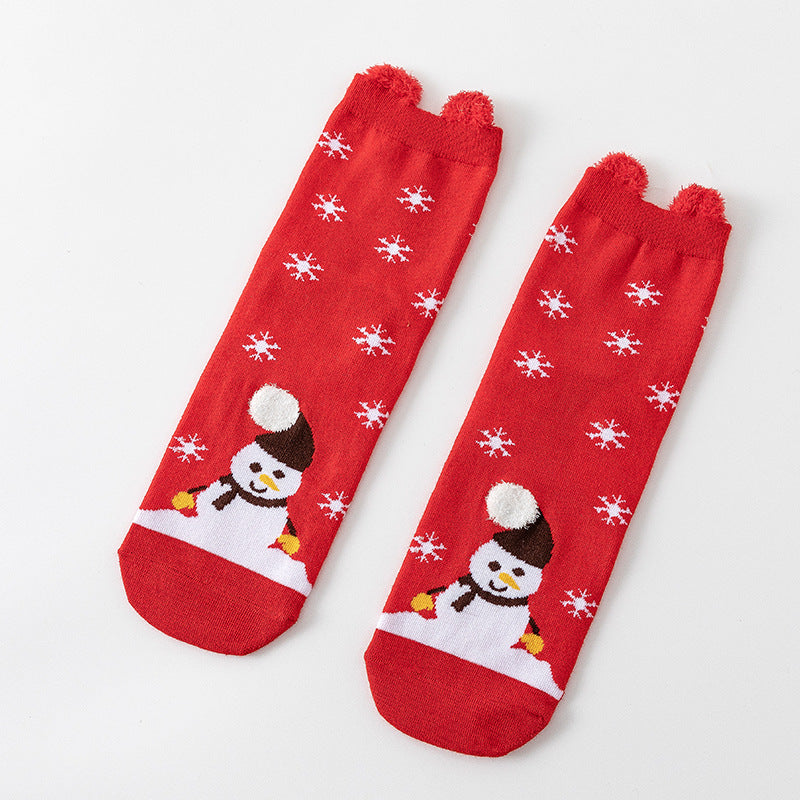 HO HO HO Christmas Striped Elk Tree Gift Santa Claus Snowman Cute Ears Cotton Tube Socks 5Pairs