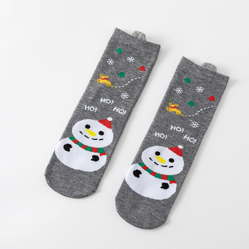 HO HO HO Christmas Striped Elk Tree Gift Santa Claus Snowman Cute Ears Cotton Tube Socks 5Pairs