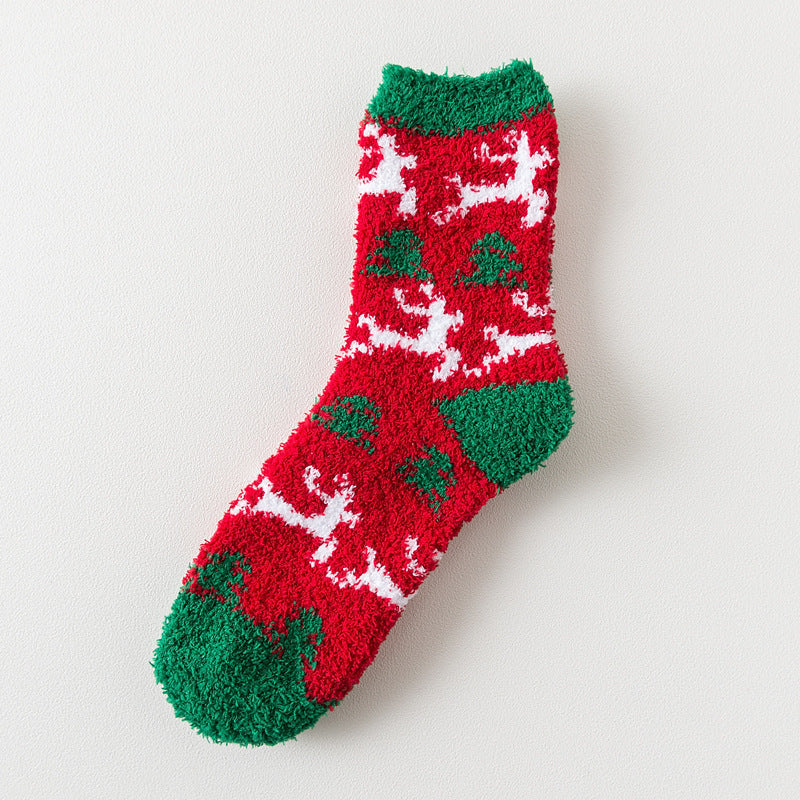 Elk Santa Snowman Snowflake Tree Striped Belt Print Christmas Socks Fall Winter Ladies Thick Coral Velvet Socks 2 Pairs