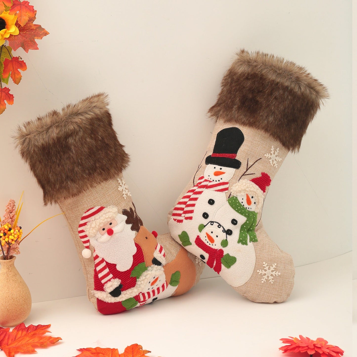 Christmas Tree Ornaments Santa Snowman Penguin Reindeer Linen Christmas Socks Candy Gift Bags
