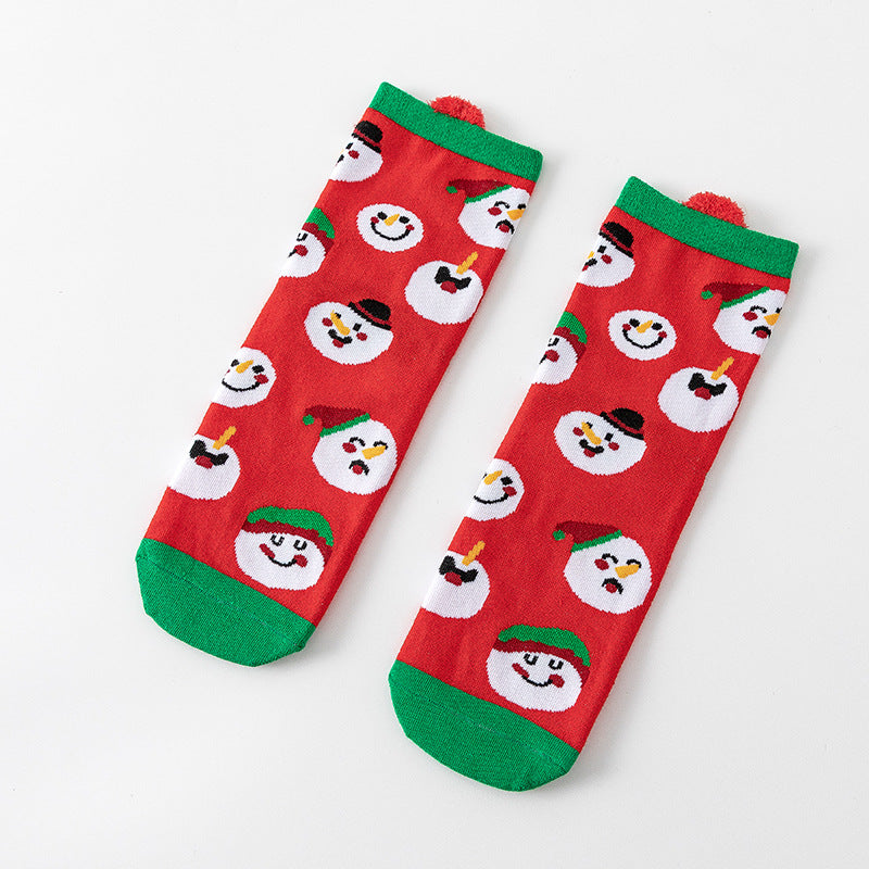 HO HO HO Christmas Striped Elk Tree Gift Santa Claus Snowman Cute Ears Cotton Tube Socks 5Pairs