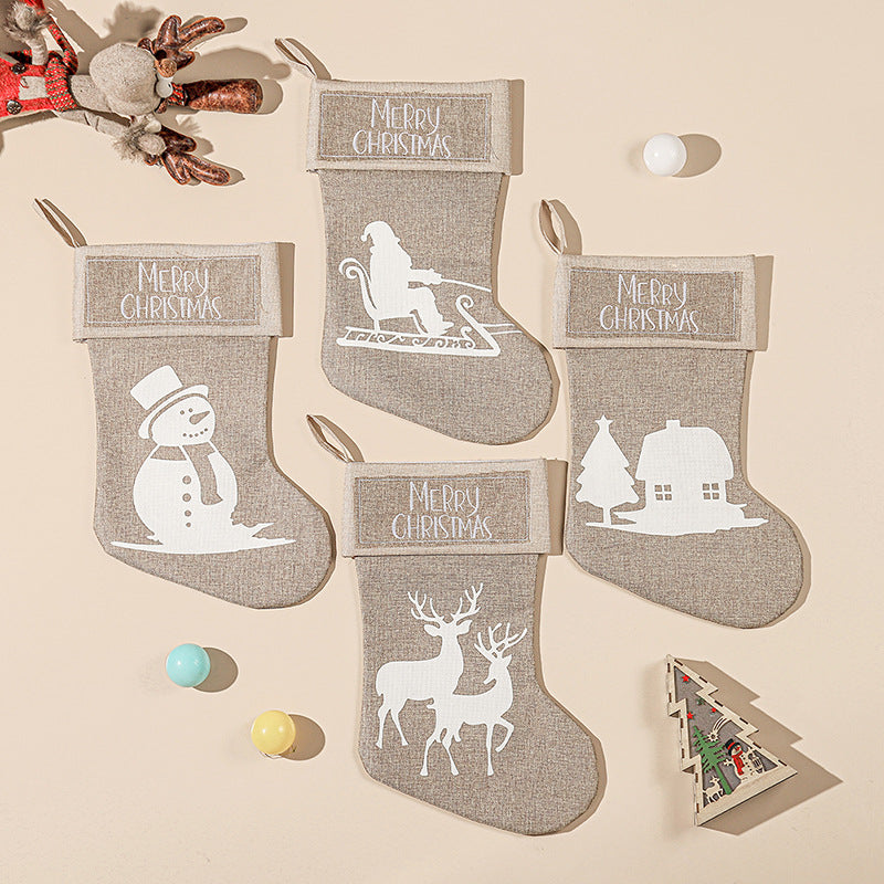 Merry Christmas Santa Snowman Elk House Printed Khaki Linen Christmas Socks Gift Bag Home Decoration