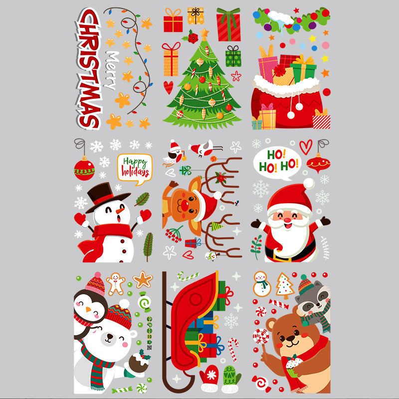 Christmas Cartoon Santa Snowman Penguin Fox Polar Bear Gift Bag Sleigh Electrostatic Wall Window Sticker SKJD2316