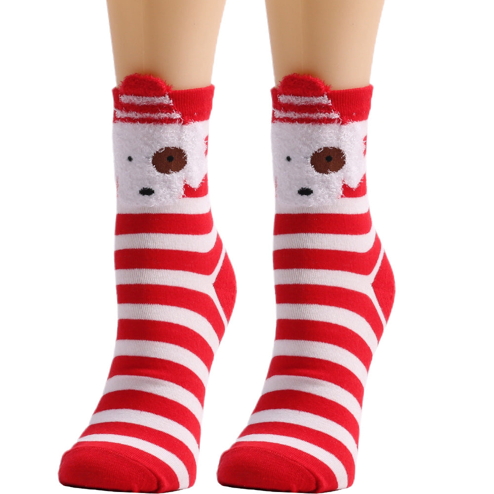 Christmas Cute Elk Bear Santa Claus Dog Striped Polka Dot Tube Socks 6Pairs