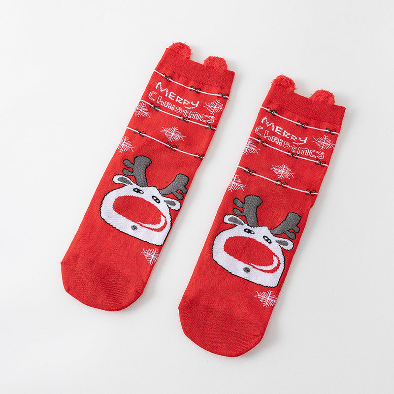 HO HO HO Christmas Striped Elk Tree Gift Santa Claus Snowman Cute Ears Cotton Tube Socks 5Pairs