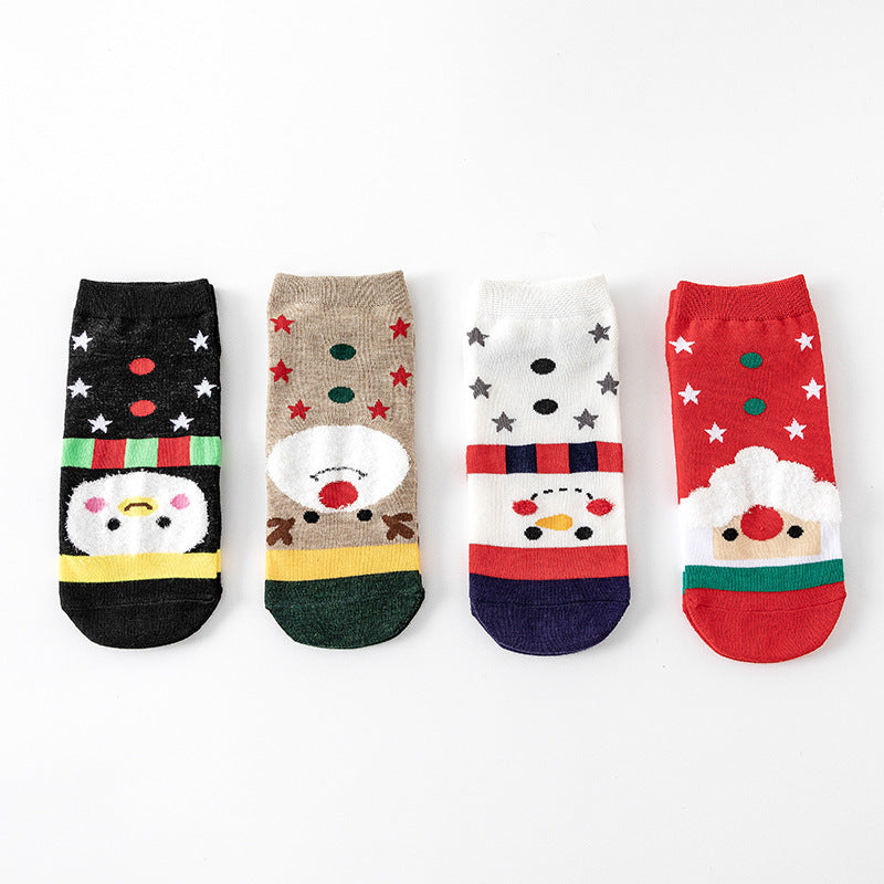 Christmas Ladies Cartoon Elk Santa Snowman Polar Bear Snowflake Polka Dot Cotton Socks 4 Pairs