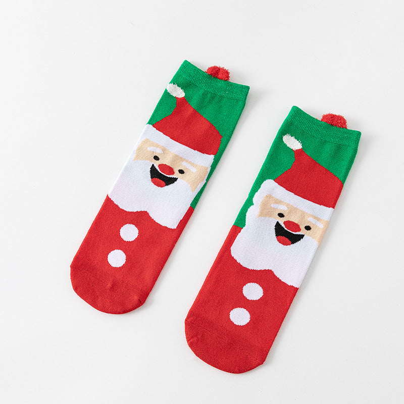 HO HO HO Christmas Striped Elk Tree Gift Santa Claus Snowman Cute Ears Cotton Tube Socks 5Pairs