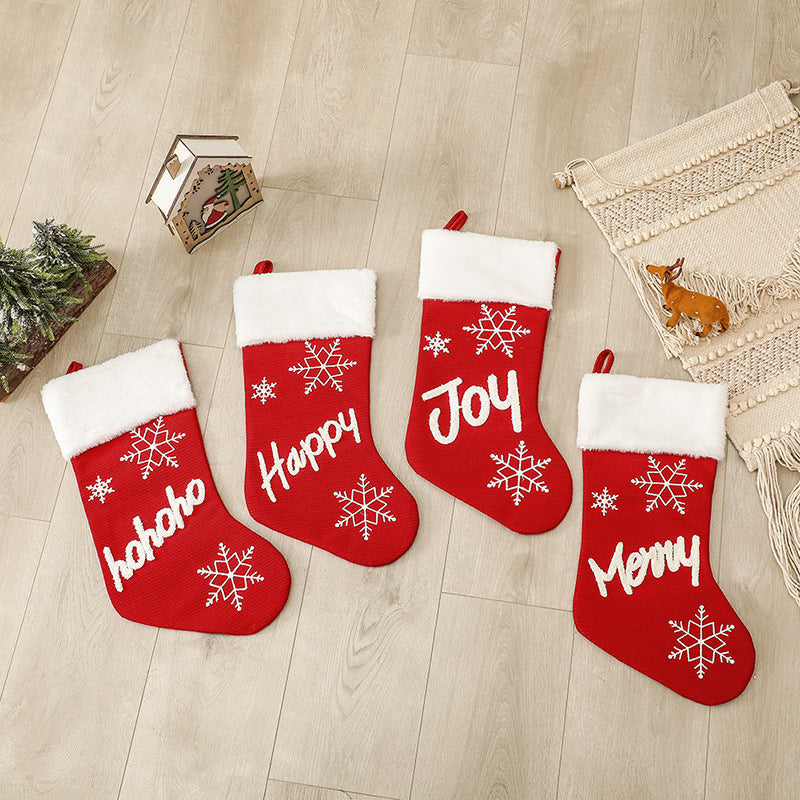Christmas Party Decorations Letter Snowflake Embroidered Red Plush Christmas Socks Gift Bags