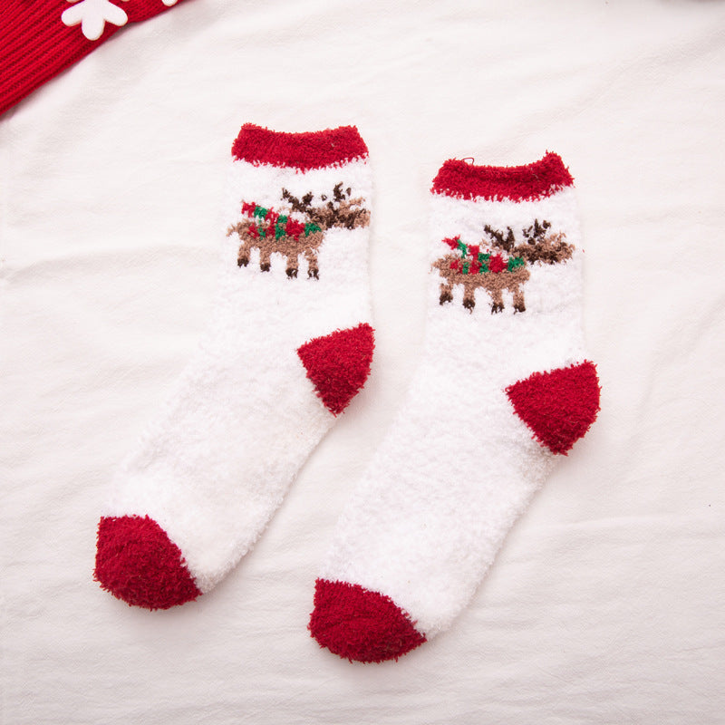 Elk Santa Snowman Snowflake Tree Striped Belt Print Christmas Socks Fall Winter Ladies Thick Coral Velvet Socks 2 Pairs
