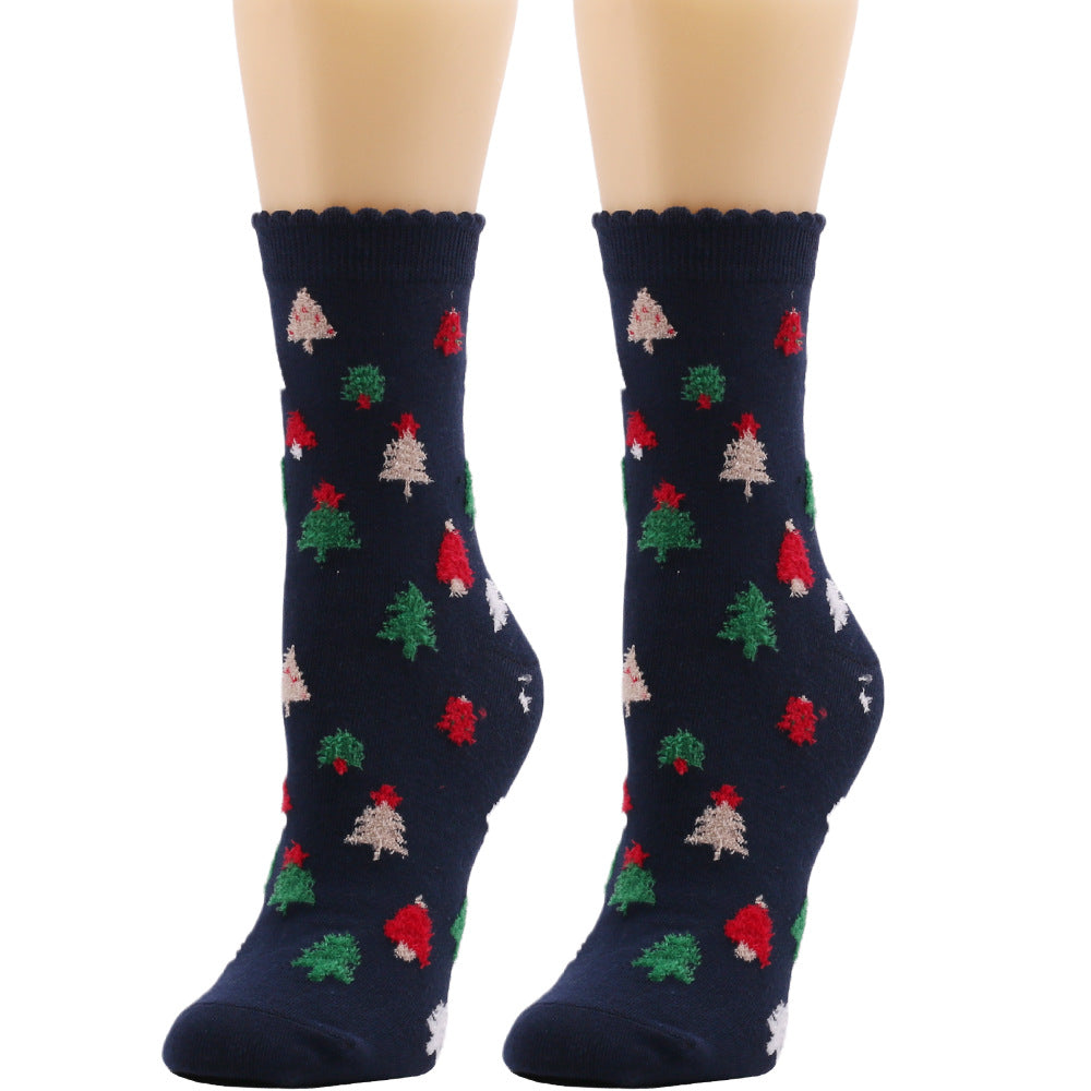 Christmas Snowflake Elk Santa Claus Tree Gift Striped Medium Tube Socks 3/6Pairs
