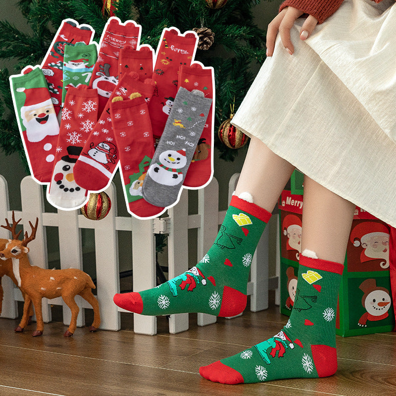 HO HO HO Christmas Striped Elk Tree Gift Santa Claus Snowman Cute Ears Cotton Tube Socks 5Pairs