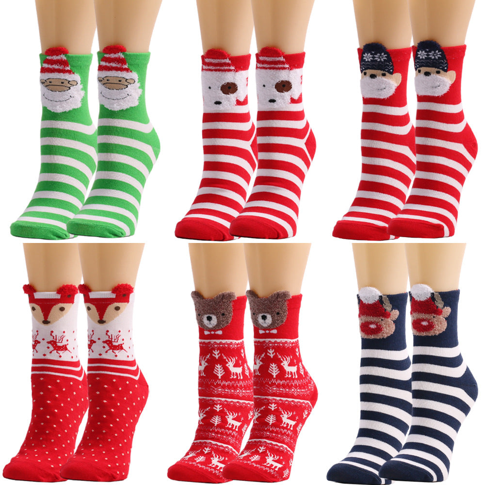 Christmas Cute Elk Bear Santa Claus Dog Striped Polka Dot Tube Socks 6Pairs