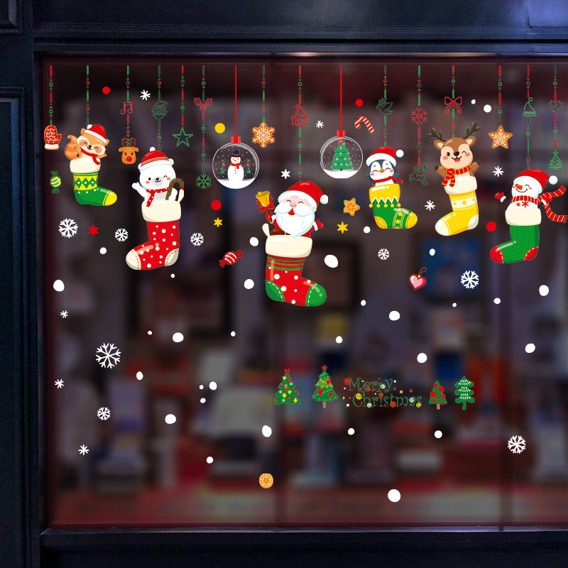 Christmas Decoration Cartoon Socks Polar Bear Snowman Rabbit Penguin Ornaments Window Wall Stickers SKJD2318