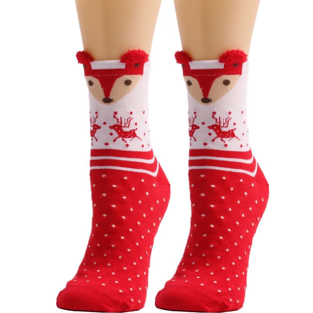 Christmas Cute Elk Bear Santa Claus Dog Striped Polka Dot Tube Socks 6Pairs