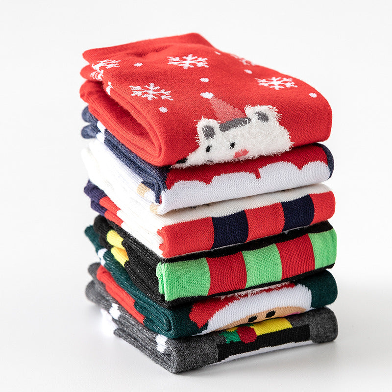 Christmas Ladies Cartoon Elk Santa Snowman Polar Bear Snowflake Polka Dot Cotton Socks 4 Pairs