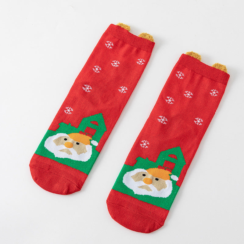 HO HO HO Christmas Striped Elk Tree Gift Santa Claus Snowman Cute Ears Cotton Tube Socks 5Pairs