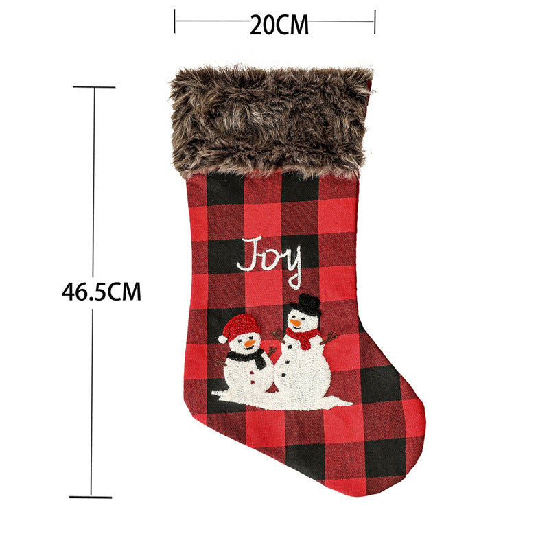 Christmas Decorations Letter Pattern Embroidered Red and Black Plaid Christmas Socks Gift Bag