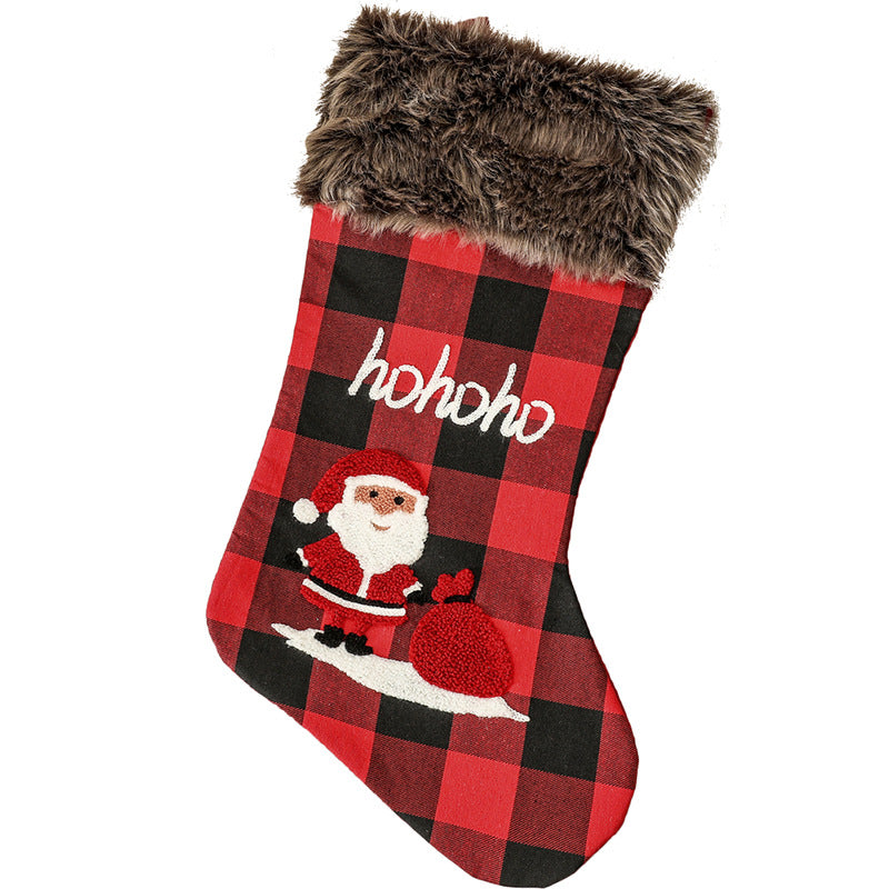 Christmas Decorations Letter Pattern Embroidered Red and Black Plaid Christmas Socks Gift Bag