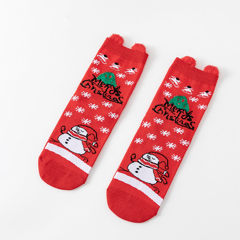 HO HO HO Christmas Striped Elk Tree Gift Santa Claus Snowman Cute Ears Cotton Tube Socks 5Pairs