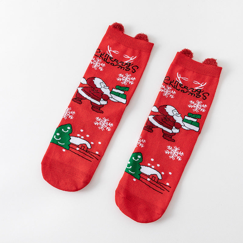 HO HO HO Christmas Striped Elk Tree Gift Santa Claus Snowman Cute Ears Cotton Tube Socks 5Pairs