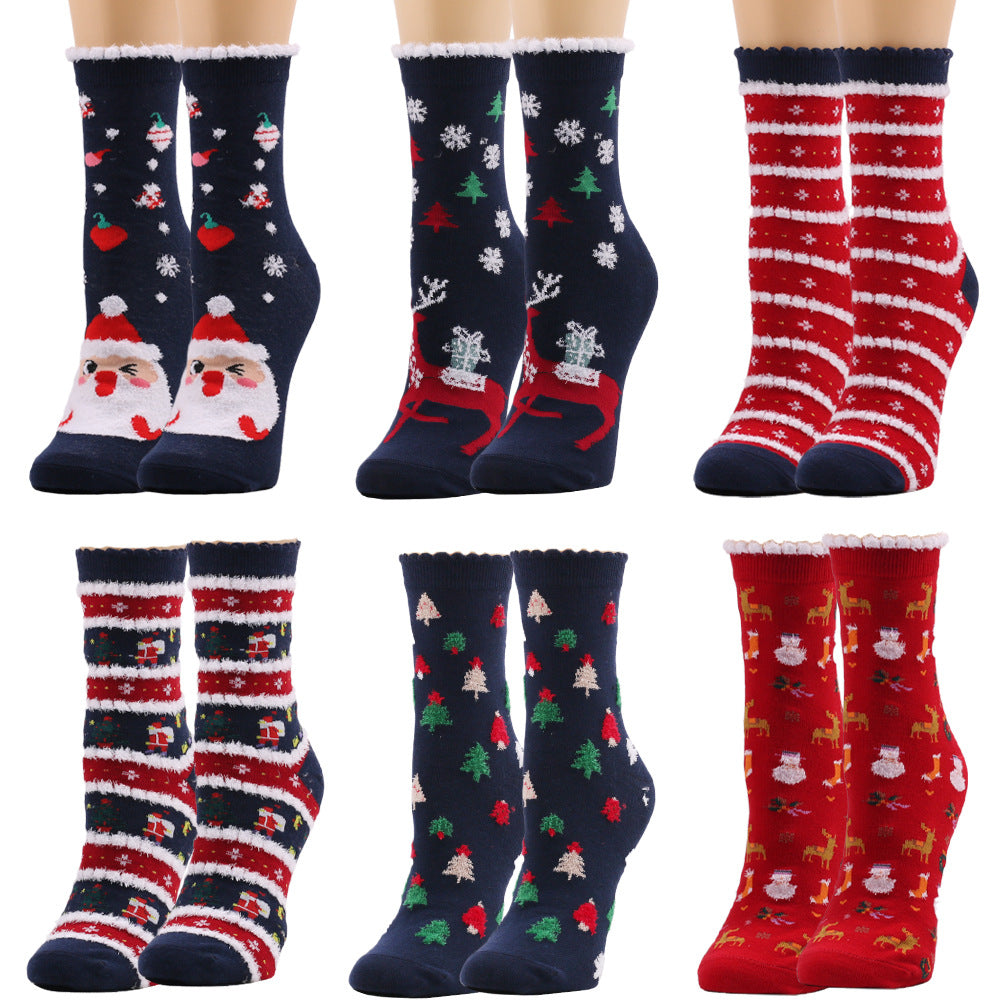 Christmas Snowflake Elk Santa Claus Tree Gift Striped Medium Tube Socks 3/6Pairs