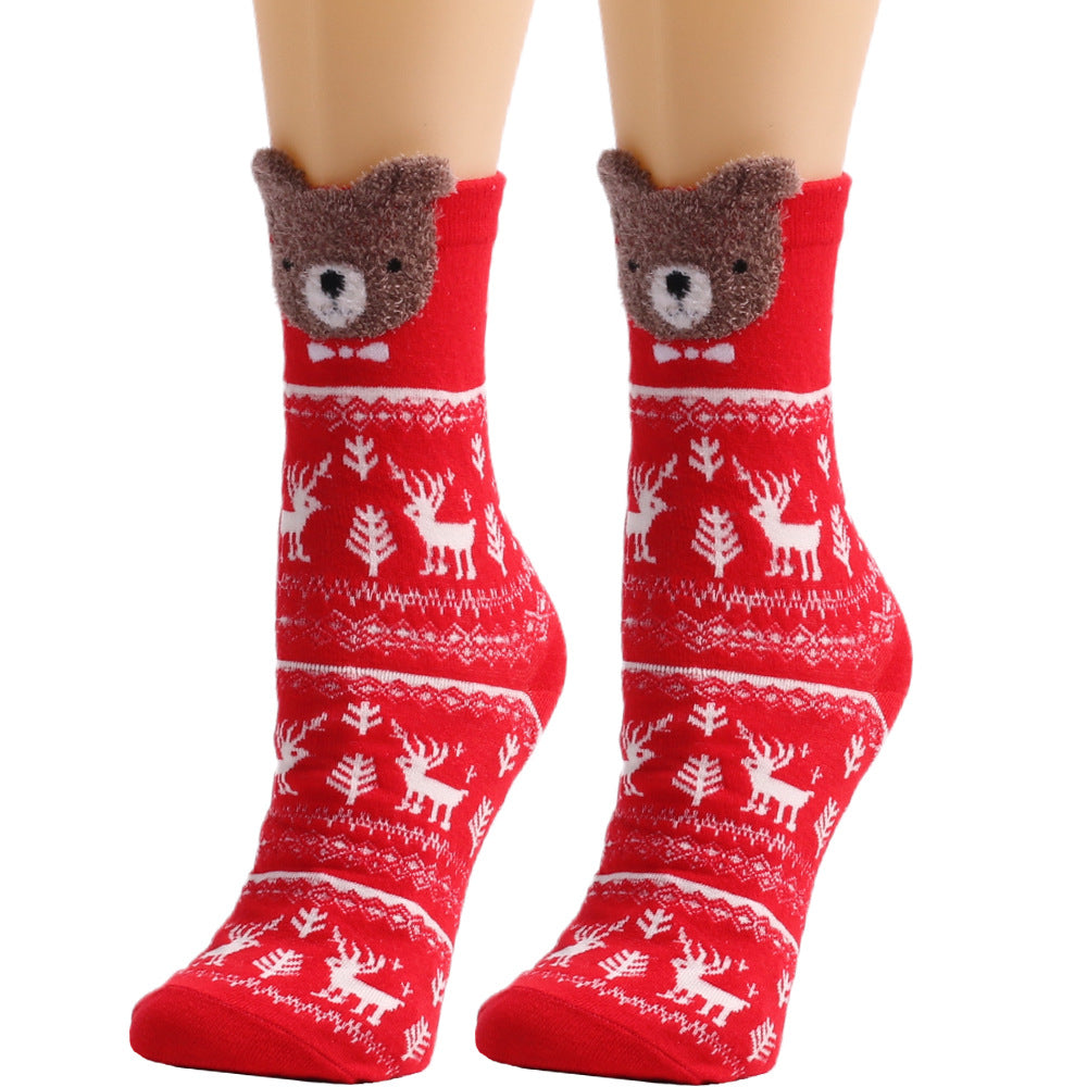 Christmas Cute Elk Bear Santa Claus Dog Striped Polka Dot Tube Socks 6Pairs