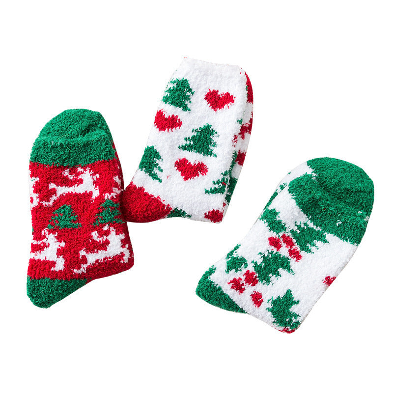 Elk Santa Snowman Snowflake Tree Striped Belt Print Christmas Socks Fall Winter Ladies Thick Coral Velvet Socks 2 Pairs