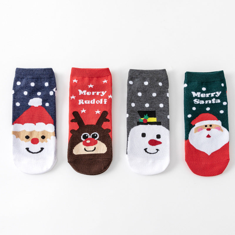 Christmas Ladies Cartoon Elk Santa Snowman Polar Bear Snowflake Polka Dot Cotton Socks 4 Pairs