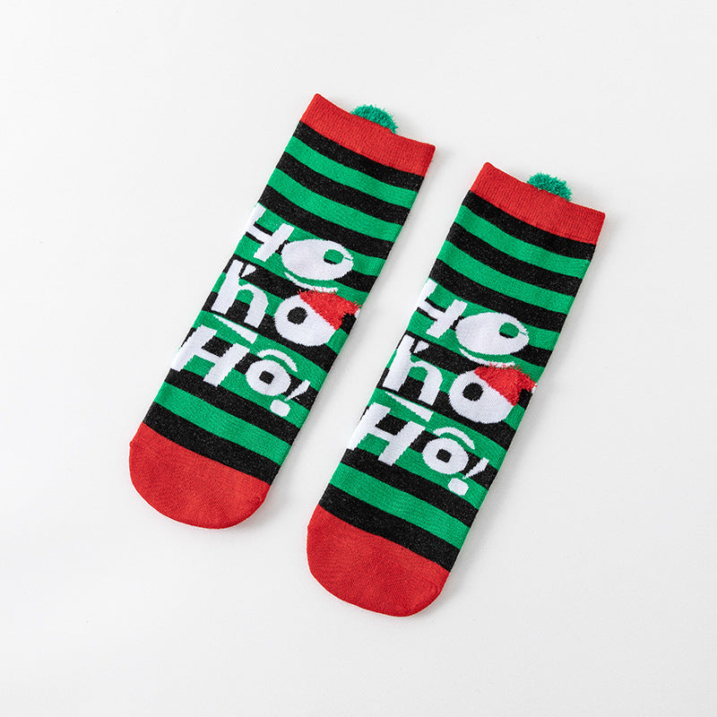 HO HO HO Christmas Striped Elk Tree Gift Santa Claus Snowman Cute Ears Cotton Tube Socks 5Pairs