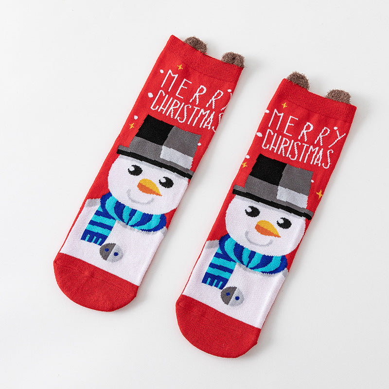 HO HO HO Christmas Striped Elk Tree Gift Santa Claus Snowman Cute Ears Cotton Tube Socks 5Pairs