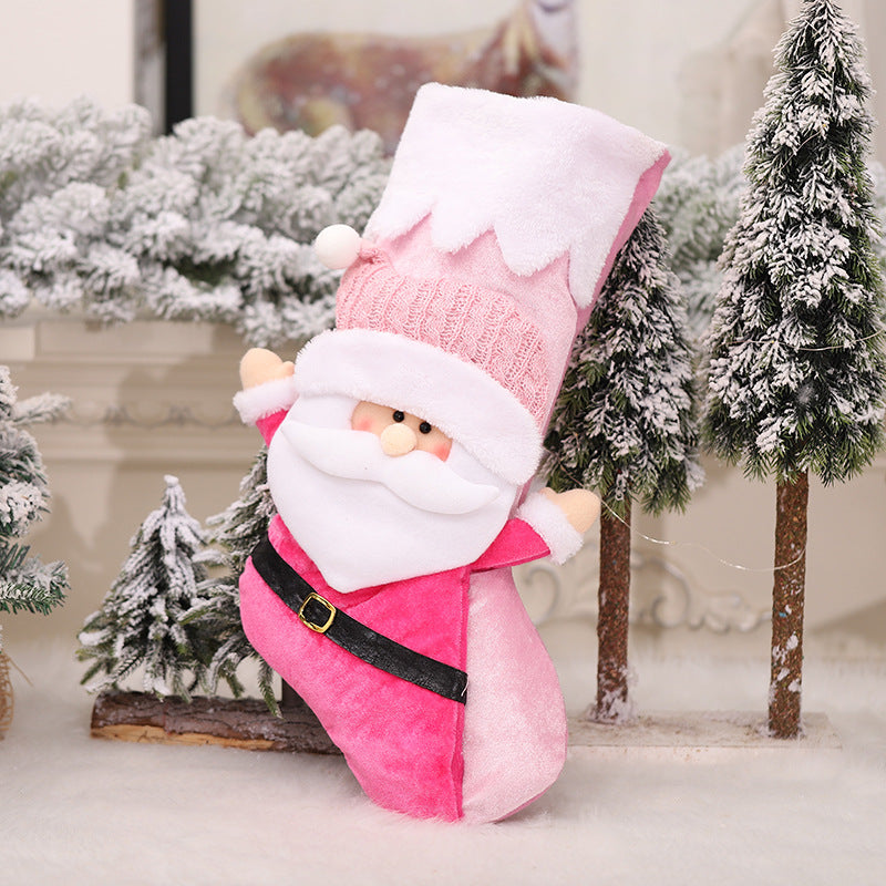 Christmas Home Decoration 3D Snowman Santa Claus Doll Pink Christmas Socks Candy Bags