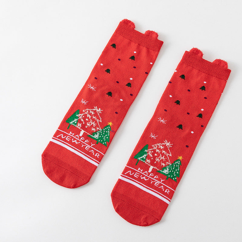 HO HO HO Christmas Striped Elk Tree Gift Santa Claus Snowman Cute Ears Cotton Tube Socks 5Pairs