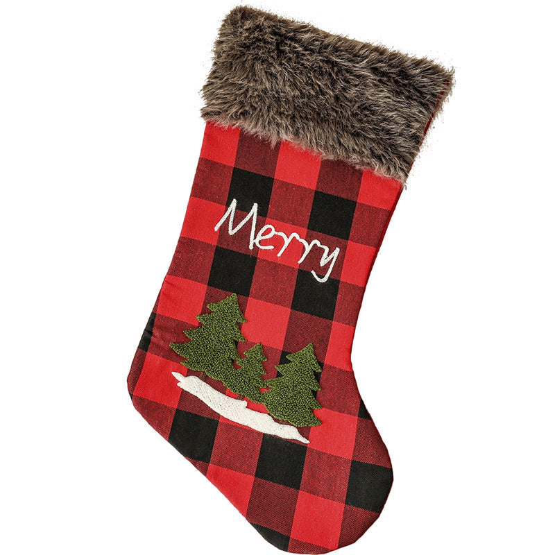 Christmas Decorations Letter Pattern Embroidered Red and Black Plaid Christmas Socks Gift Bag