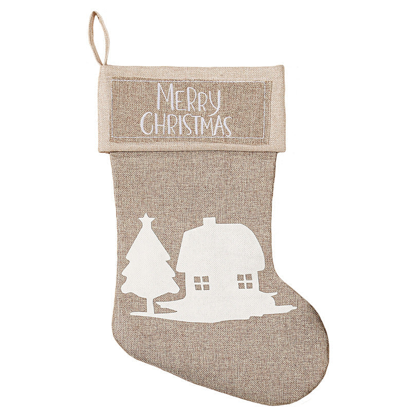 Merry Christmas Santa Snowman Elk House Printed Khaki Linen Christmas Socks Gift Bag Home Decoration