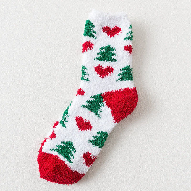 Elk Santa Snowman Snowflake Tree Striped Belt Print Christmas Socks Fall Winter Ladies Thick Coral Velvet Socks 2 Pairs