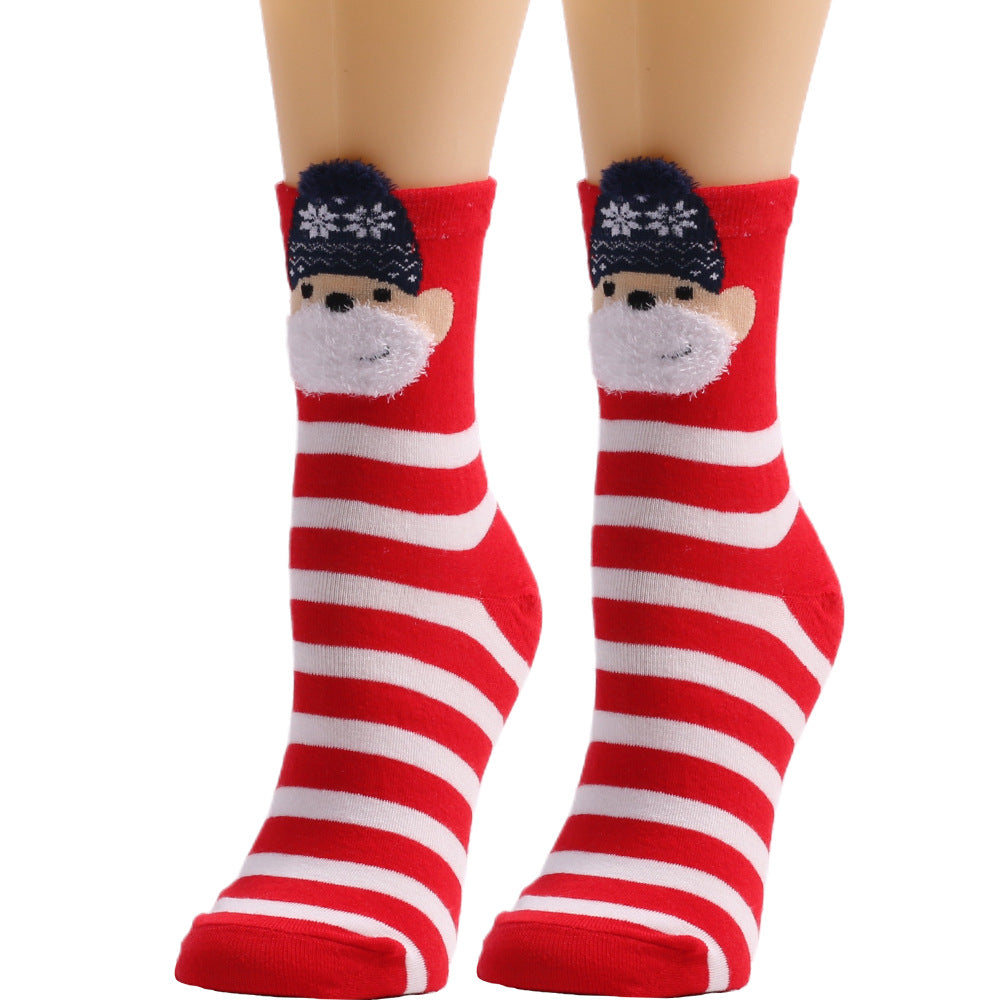 Christmas Cute Elk Bear Santa Claus Dog Striped Polka Dot Tube Socks 6Pairs