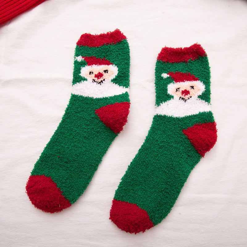 Elk Santa Snowman Snowflake Tree Striped Belt Print Christmas Socks Fall Winter Ladies Thick Coral Velvet Socks 2 Pairs