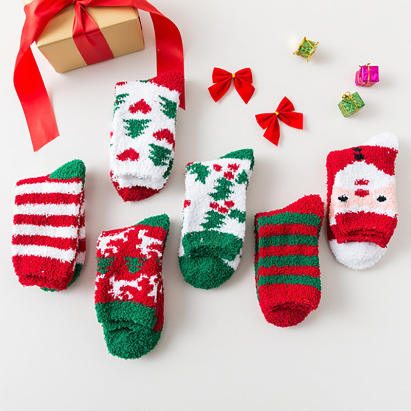 Elk Santa Snowman Snowflake Tree Striped Belt Print Christmas Socks Fall Winter Ladies Thick Coral Velvet Socks 2 Pairs