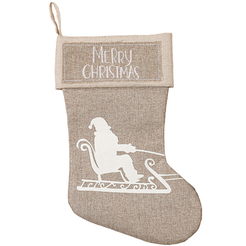 Merry Christmas Santa Snowman Elk House Printed Khaki Linen Christmas Socks Gift Bag Home Decoration