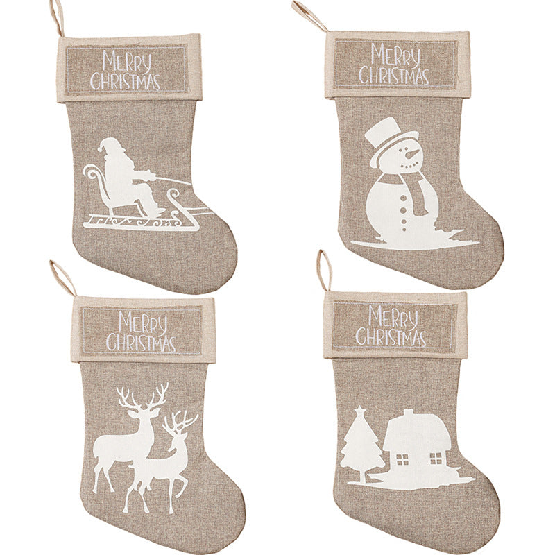 Merry Christmas Santa Snowman Elk House Printed Khaki Linen Christmas Socks Gift Bag Home Decoration