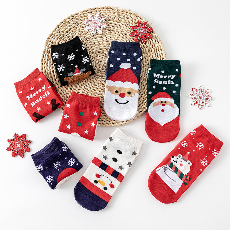 Christmas Ladies Cartoon Elk Santa Snowman Polar Bear Snowflake Polka Dot Cotton Socks 4 Pairs