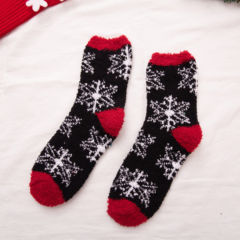 Elk Santa Snowman Snowflake Tree Striped Belt Print Christmas Socks Fall Winter Ladies Thick Coral Velvet Socks 2 Pairs