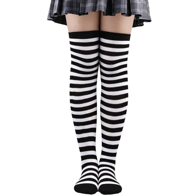 Thigh High Knitted Warm Over The Knee Black White Striped Long Sexy Stockings