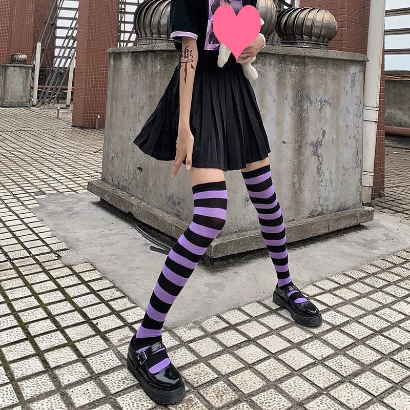 Thigh High Knitted Warm Over The Knee Black White Striped Long Sexy Stockings