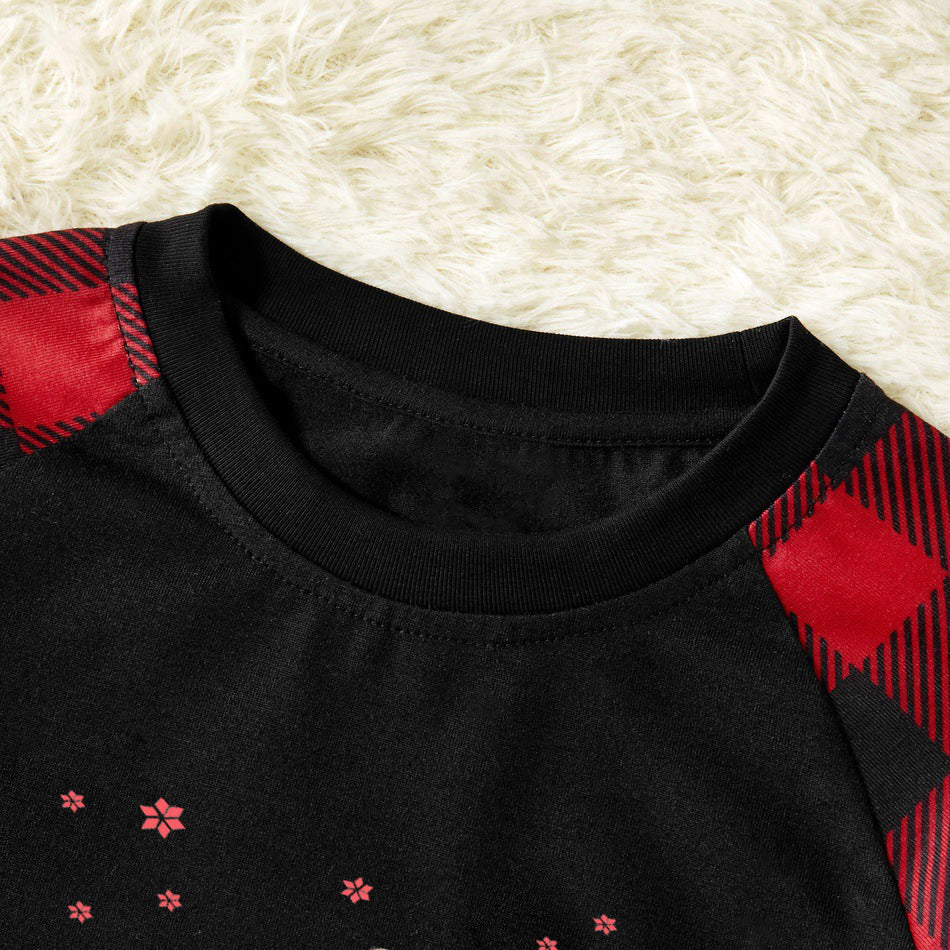 Christmas Hat and Snow Patterned Believe Letter Print Patterned Contrast Black top and Black & Red Plaid Pants Family Matching Pajamas Set